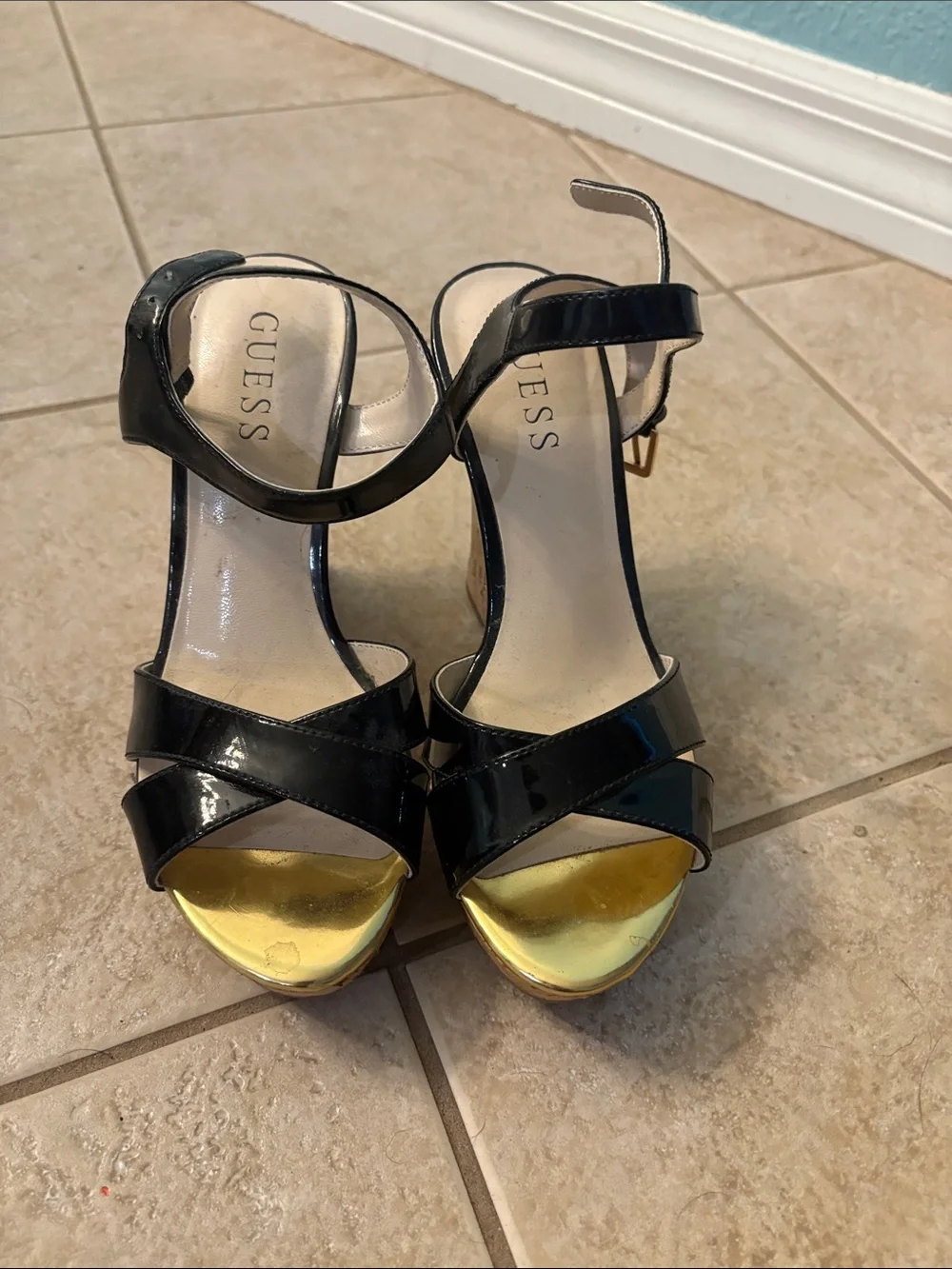 GUESS Black Patent Wedge Sandals with Yellow Toe Accent